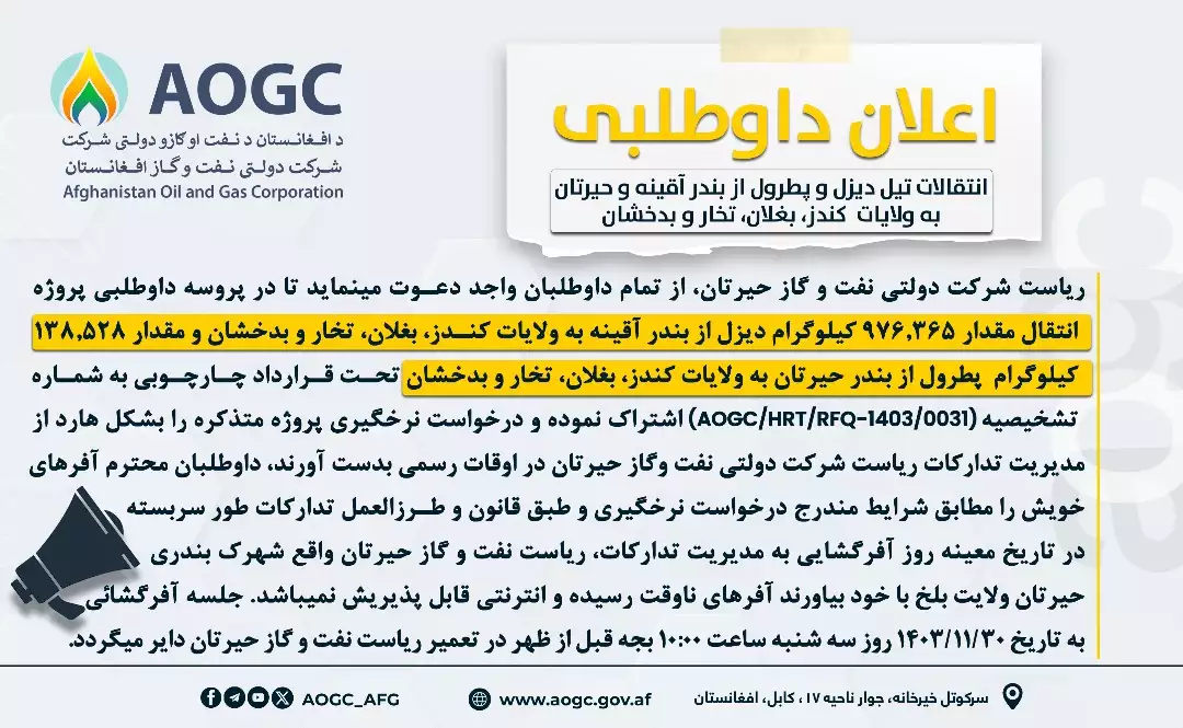 پروژه انتقال دو نوع تیل از بنادر آقینه و حیرتان به ولایات بغلان، کندز، تخار و بدخشان 